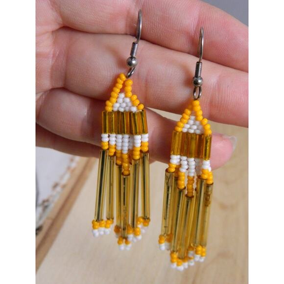 Vintage Beaded Hook Earrings, Orange and White Bead Hook Earrings - Picture 5 of 5